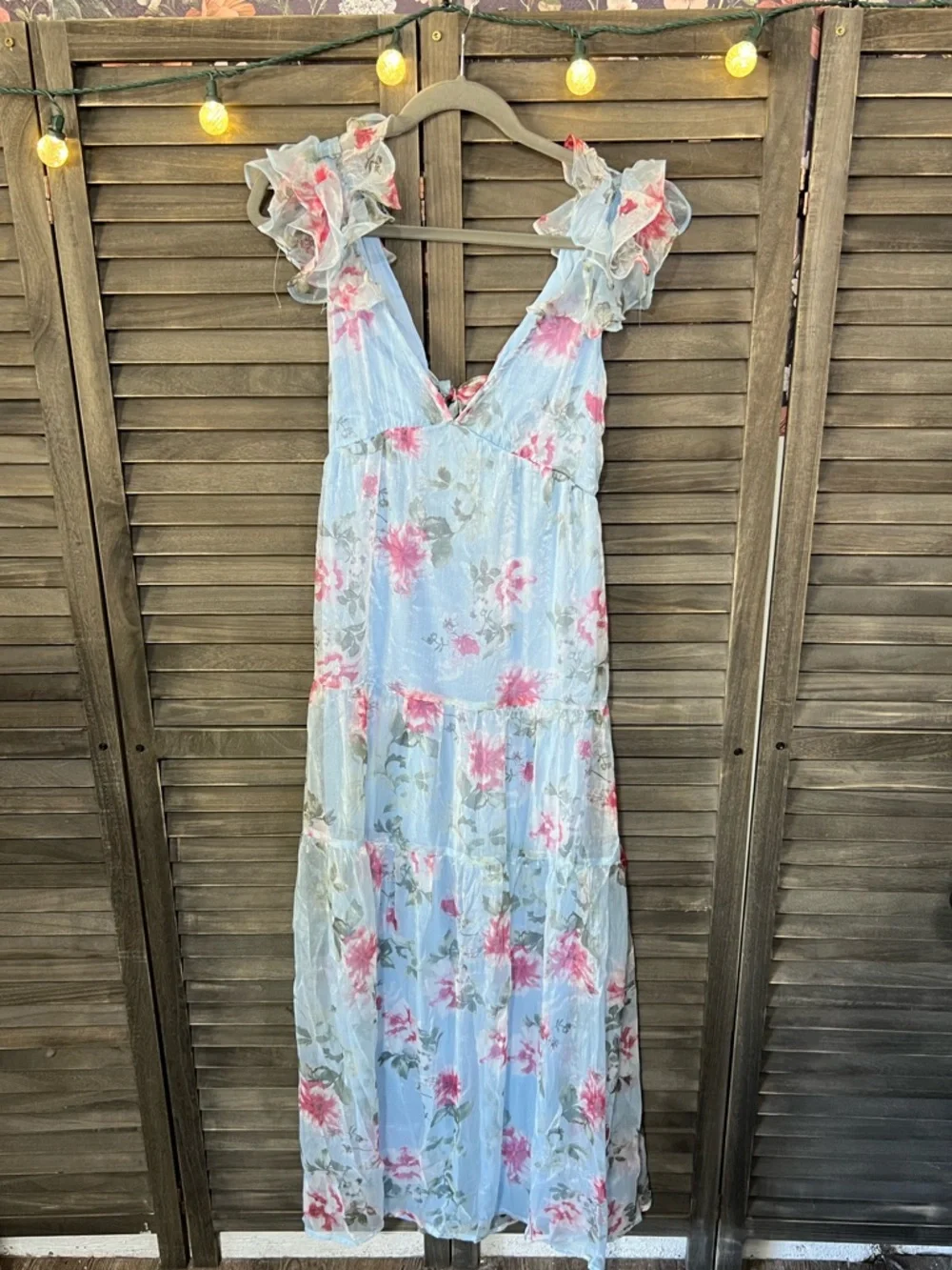 Boho Cottagecore Blue Floral Maxi Dress NWT Ruffle Sleeve Flowy Spring Small 🩵 - Picture 3 of 11